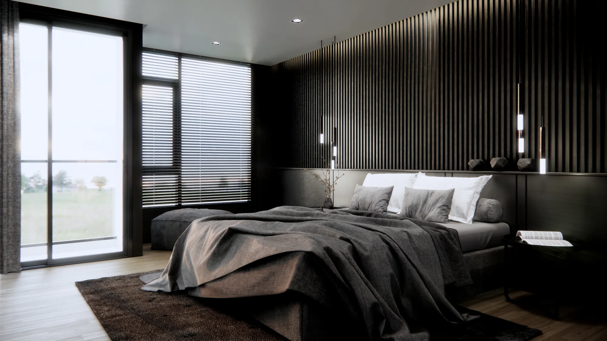 Chambre d’hôtel aux tons sombres
