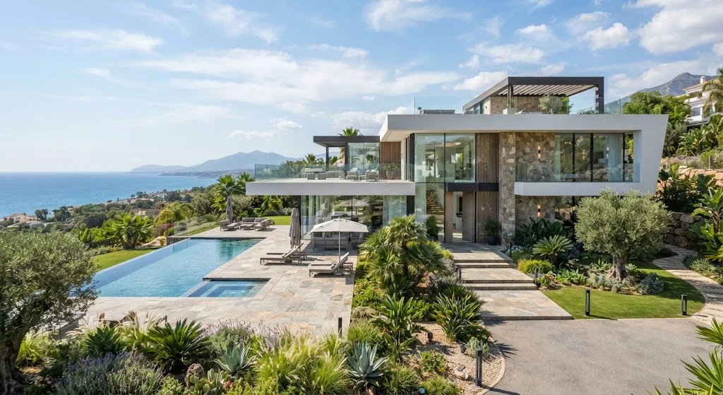 Villa contemporaine face à la mer, piscine à débordement et jardin méditerranéen
